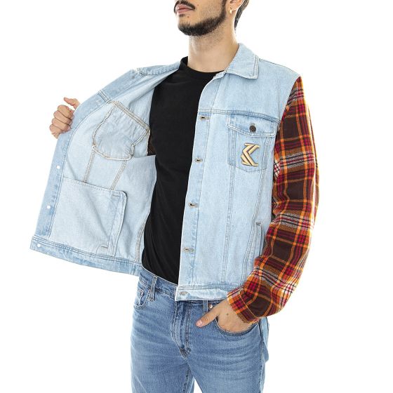 Karl Kani Mens Retro Patch Blue Red Tartan Denum Jeans Winter