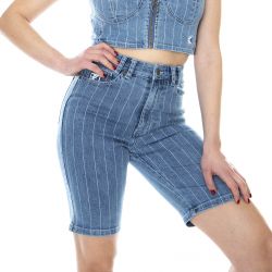 Karl Kani-Womens KK Og Pinstripe Blue Denim Jeans Shorts -KRCKKWQ12008