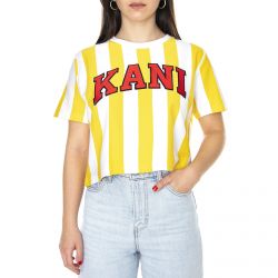 Karl Kani-Womens Serif Striped Crop White / Yellow Crew-Neck T-Shirt-KRCKKWQ22042WHT