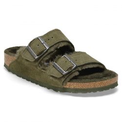 Birkenstock-Arizona Shearling Thyme Suede Leather Sandals - Sandali Donna Verdi