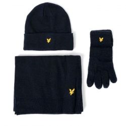 Lyle & Scott-Checked Scarf and Beanie Gift Dark Navy - Set Cappellino, Sciarpa e Guanti Blu