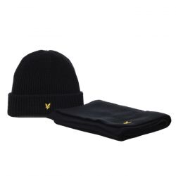 Lyle & Scott-Lambswool Ribbed Beanie & Scar Jet Black - Set Cappellino e Sciarpa Nero