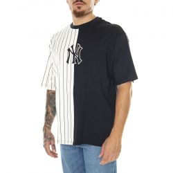 New Era-M's MLB Half Striped OS Tee New York Yankees Navy / Off-White - Maglietta Girocollo Uomo Blu / Bianca