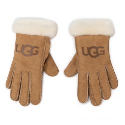 Ugg-Logo Sheepskin Gloves - Chestnut - Guanti Marroni-UGA18691-CHE