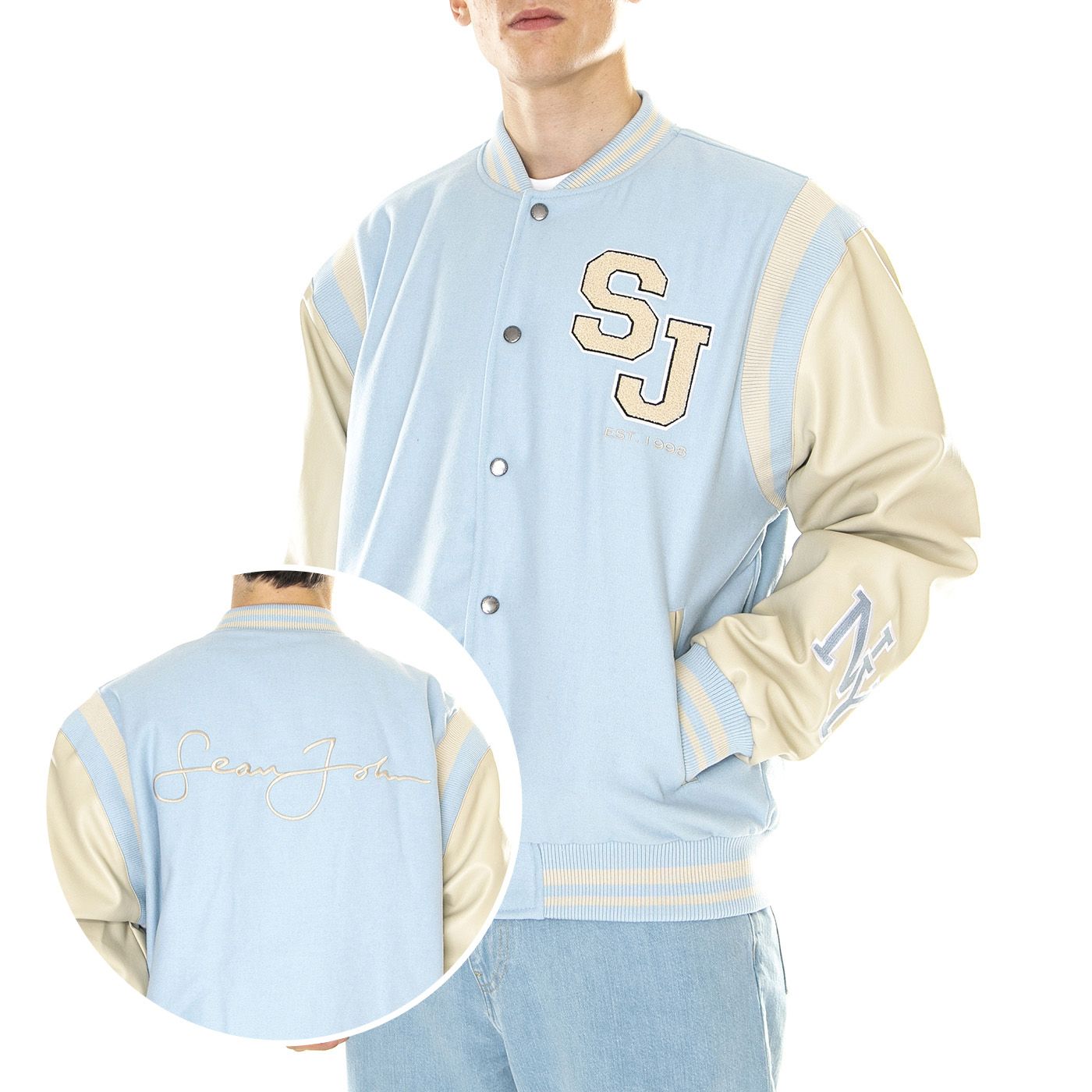 M' SJ Script Logo College Jacket Light Blue / Light Sand